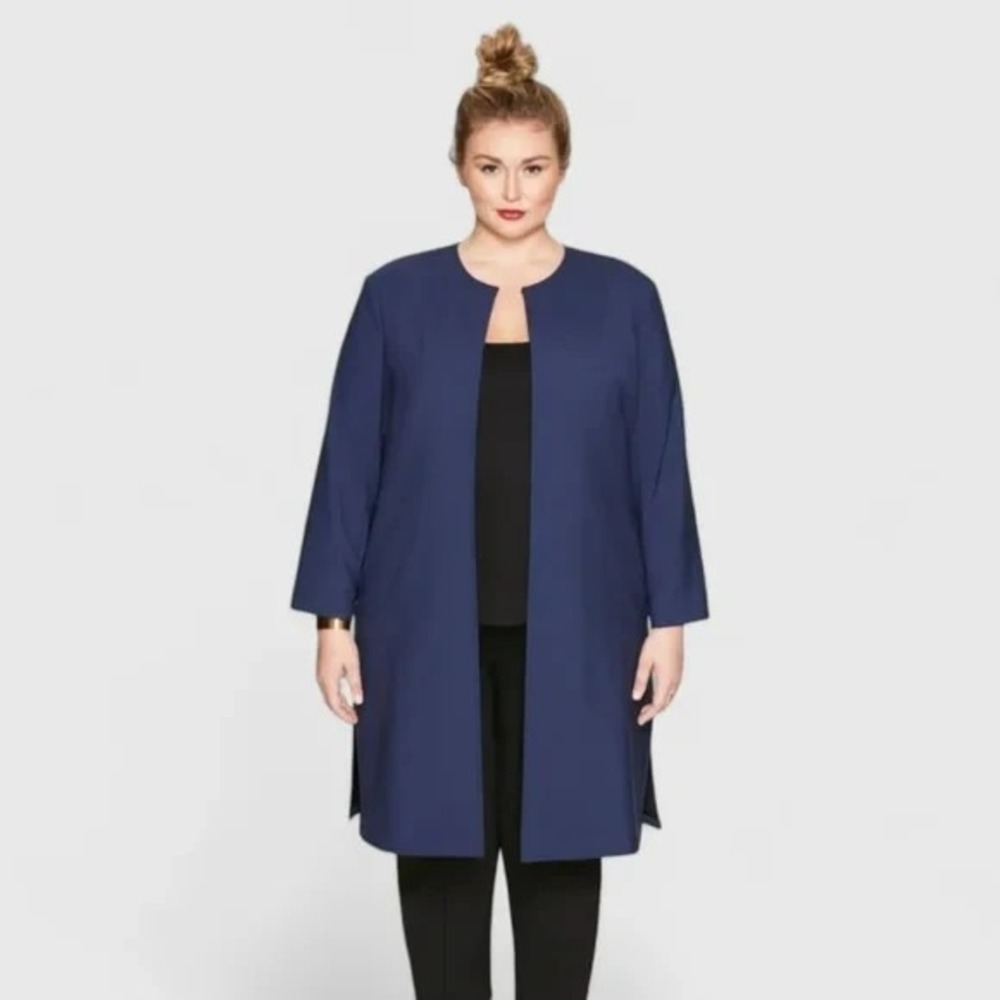PARI PASSU Minimalist Wool Navy Lightweight Coat Trench Blazer Hourglass Size 16